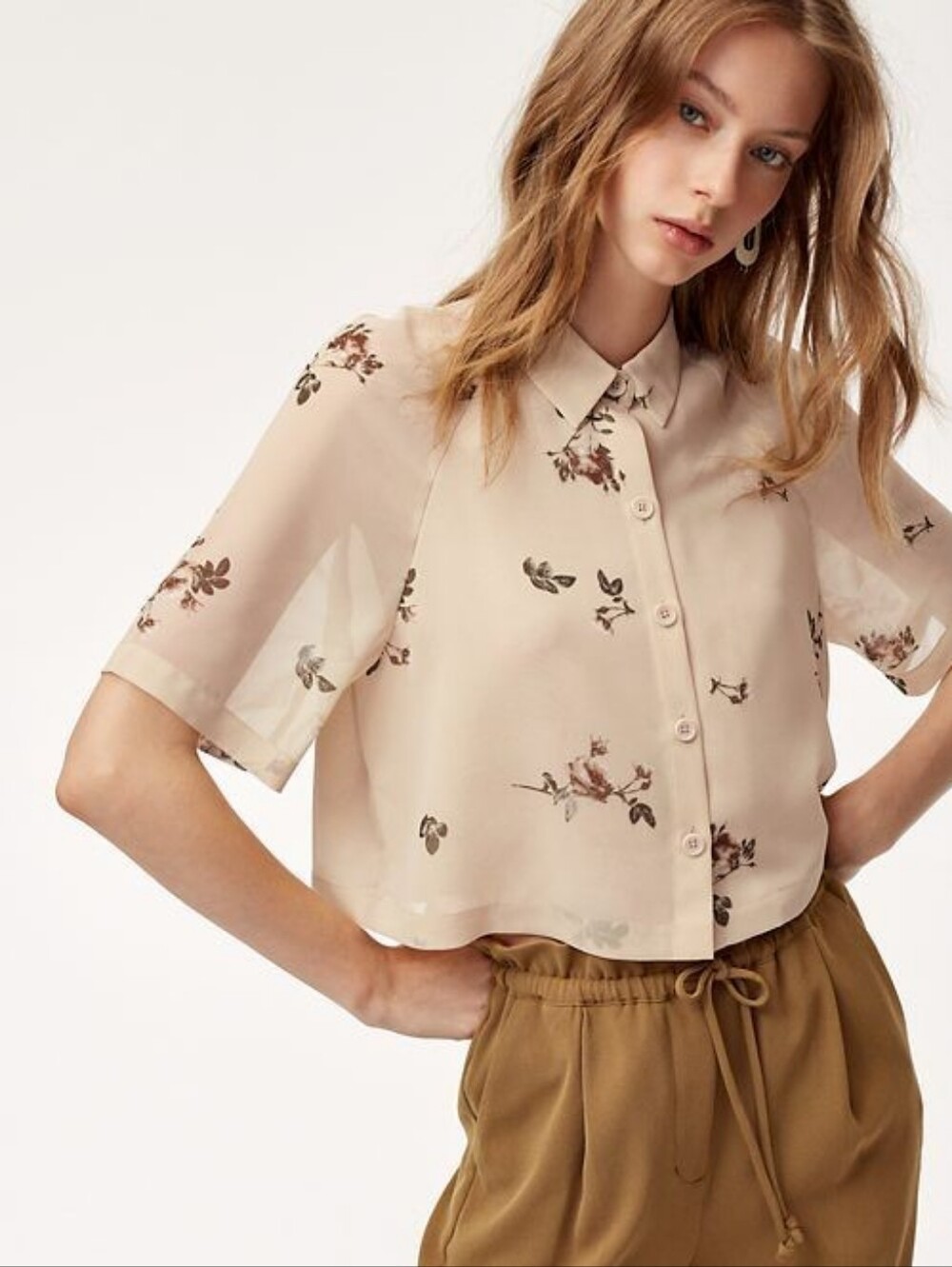 WILFRED Henrietta Cropped Button Up Blouse Beige Cream Floral XXS Aritzia
